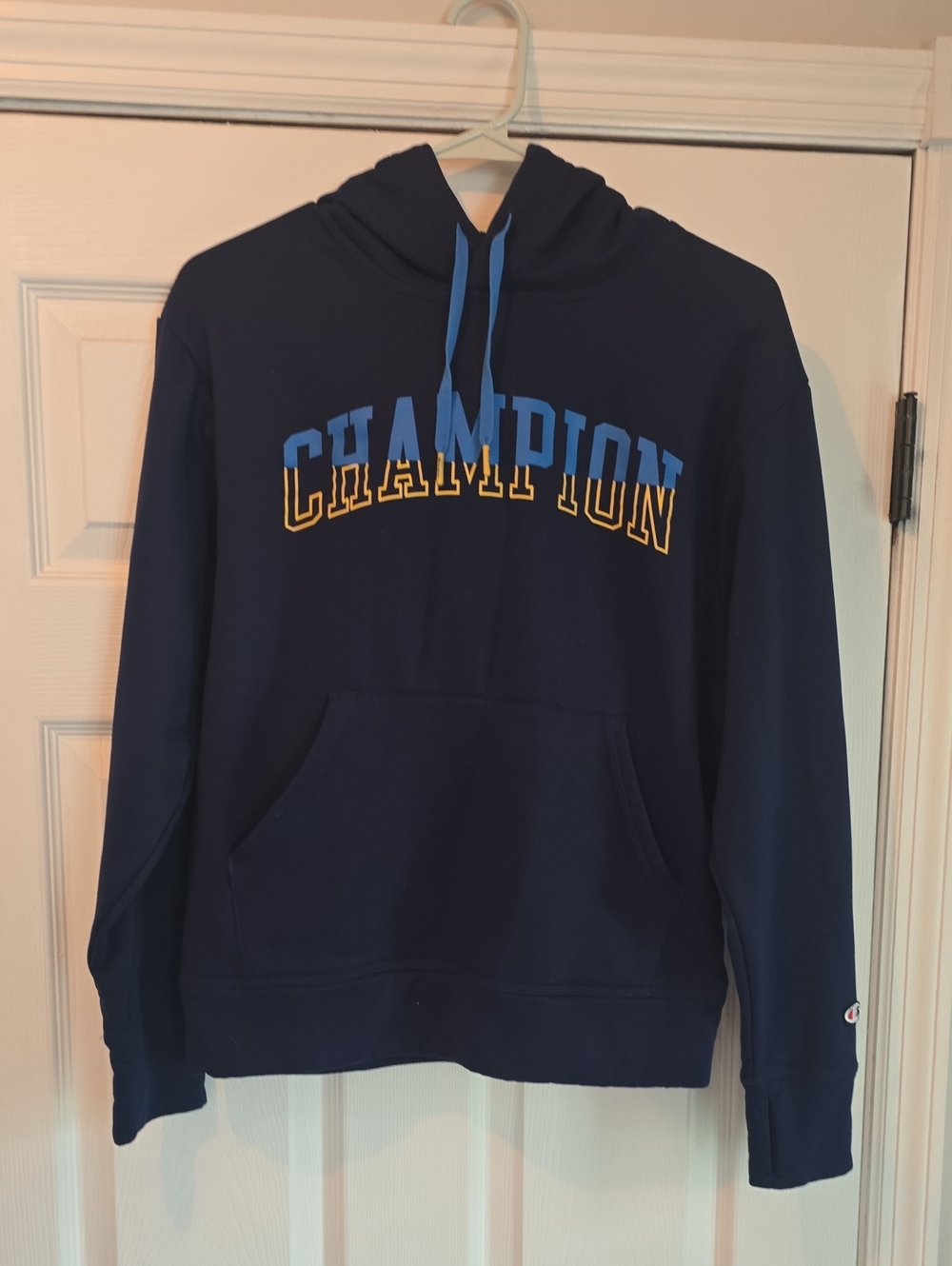 Champion Navy Hoodie with Blue and Yellow Chest Logo